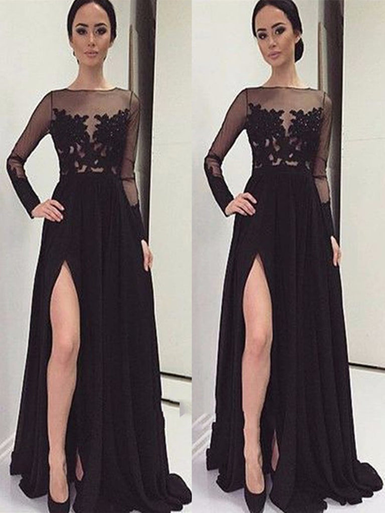 A Line Long Sleeves Black Lace Prom ...